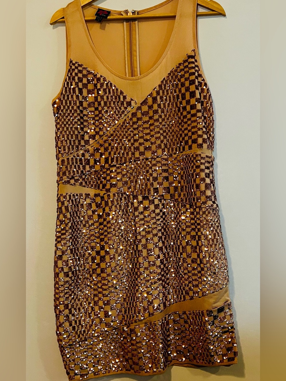 bebe Rose Gold Geo Sequin Mesh Bodycon Mini Dress XL
